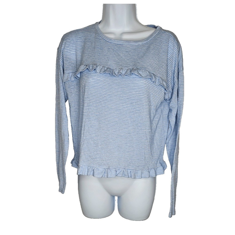LOFT Blue White Stripe‎ Ruffle Hem Long Sleeve Top XS Soft Modal Coastal